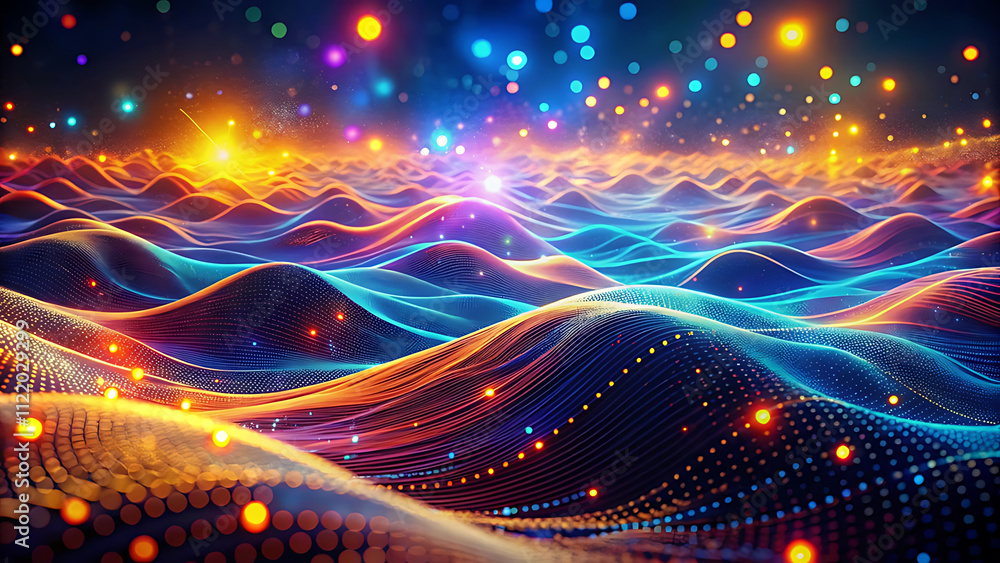 Fototapeta premium Detailed Digital Art of Abstract Landscape with Flowing Waves and Glowing Particles in Neon Blue, Orange, and Purple Futuristic Dynamic Scene with Intricate Patterns