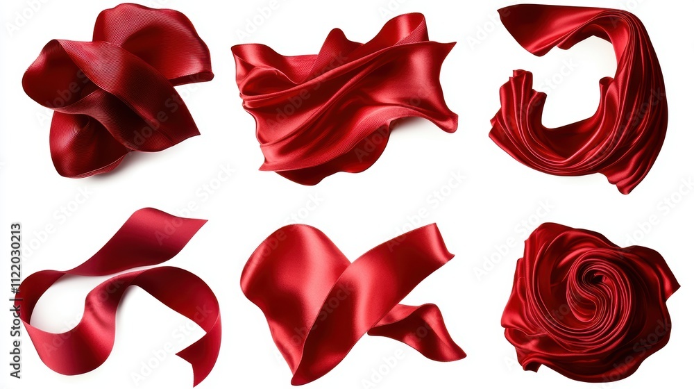Fototapeta premium Collection of red satin ribbons in various curled and straight shapes isolated on white perfect for festive and decorative designs