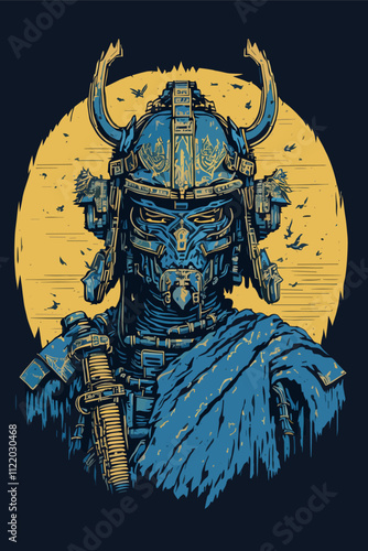 Warrior Stands Against The Night Under Yellow Moon Glow Vector