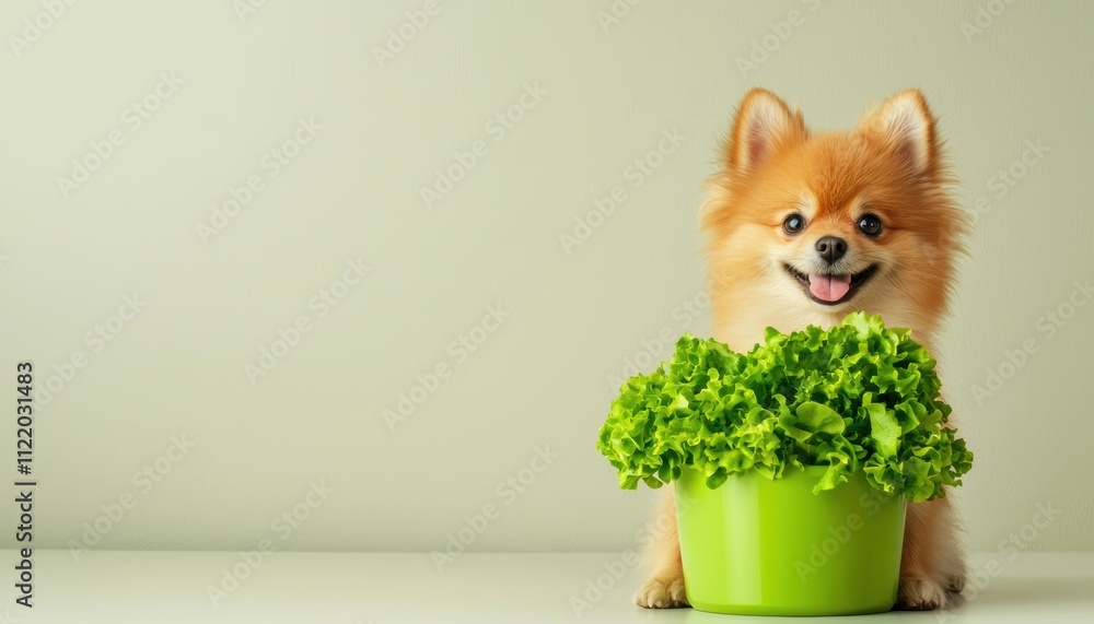 Obraz premium Adorable dog next to a salad bowl on a white background whimsical depiction of pets and fresh food promoting healthy habits