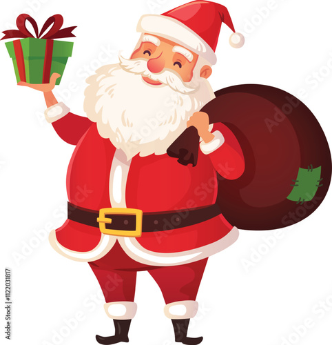 Santa claus, smiling joyfully, holds a colorful christmas gift and a bag filled with presents, preparing to spread holiday cheer and celebrate the magic of the season