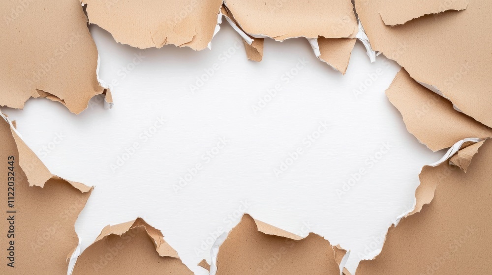 Fototapeta premium Brown paper packaging torn away to reveal a white background rustic concept for gift wrapping or product reveal themes