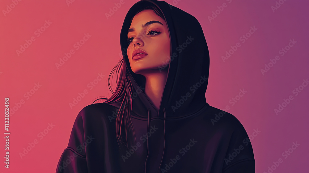 Model showcases stylish hoodie against a vibrant gradient background during evening shoot Model showcases stylish hoodie against a vibrant gradient background during evening shoot