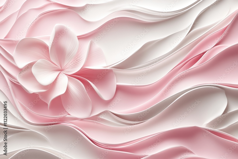Obraz premium This abstract design showcases a flowing pink and white pattern complemented by a beautifully crafted flower, ideal for mockup presentations. Generative AI