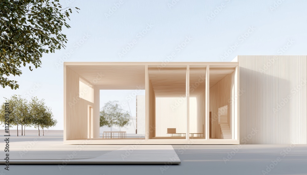Fototapeta premium Framed two-story house under construction on a sunny day plywood exterior and open structure highlighting development in housing