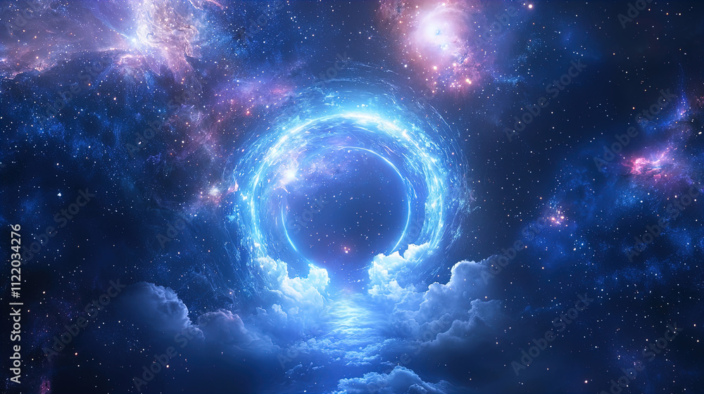Fototapeta premium A stunning cosmic scene showcases a swirling portal in a deep blue universe. The background is filled with a myriad of stars and nebulae, creating a vibrant tapestry of purples, blues, and hints of pi
