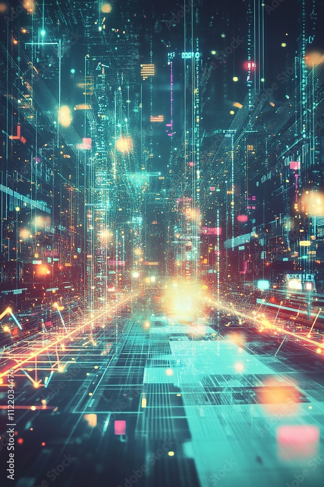 Fototapeta premium Vibrant digital cityscape with neon lights and data streams.