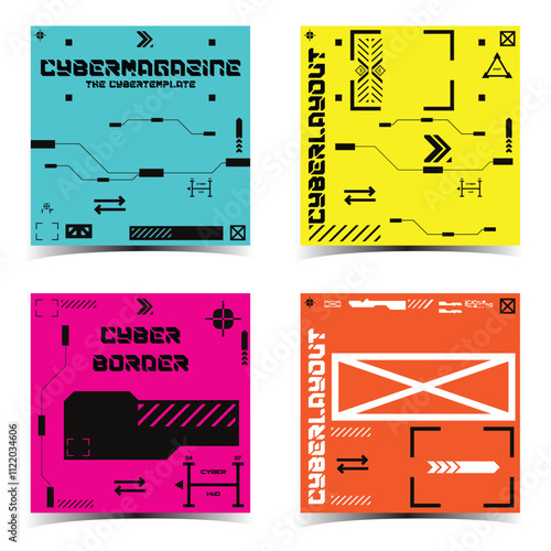 cyberpunk y2k 2000s gaming futuristic icon pattern set collection banner poster template hud for branding decoration decals, 2d illustration rendering vector 