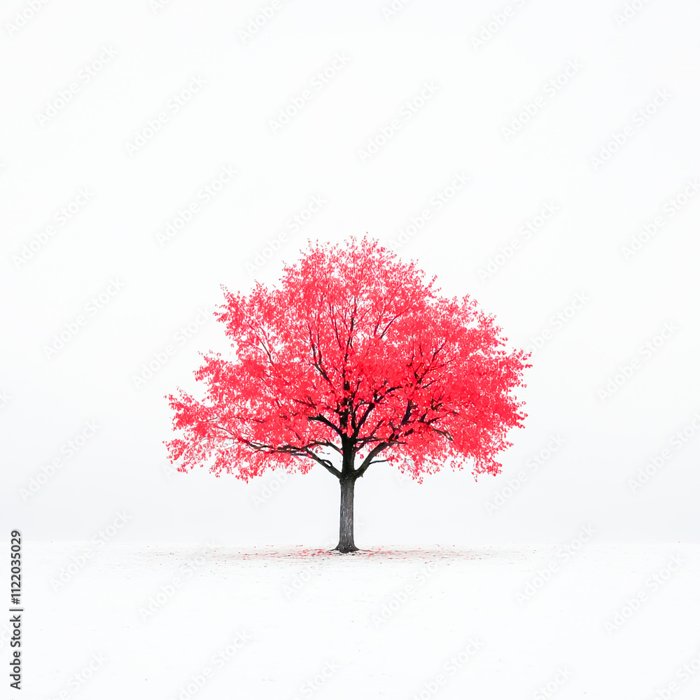 Fototapeta premium Isolated tree with vibrant red leaves on a plain white background