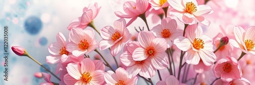 This enchanting image showcases a cluster of delicate pink flowers, bathed in soft, natural light. The soft focus and gentle color palette create a romantic and ethereal atmosphere.