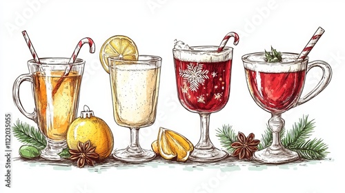 Sketch-style illustration of festive Christmas drinks, including eggnog, punch, krambambuli, and glogg, with white outline. Perfect for stories, posts, brochures, leaflets, and posters.  photo