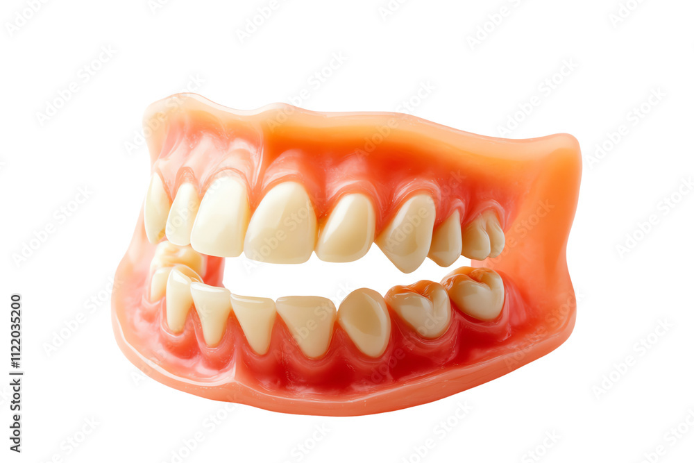Obraz premium Realistic denture model featuring a full set of upper and lower teeth, displayed against a white isolate background for dental education and illustration.
