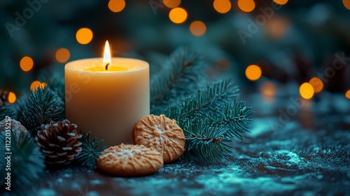 Christmas background with a white candle, pine branches, and cookies on a wooden table with bokeh lights