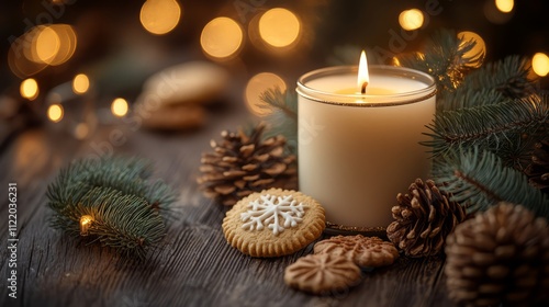 Christmas background with a white candle, pine branches, and cookies on a wooden table with bokeh lights