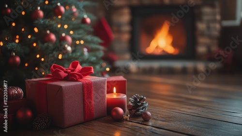 Christmas tree and holidays present on fireplace background