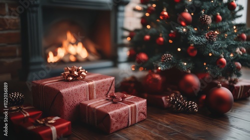 Christmas tree and holidays present on fireplace background