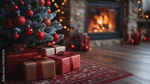 Christmas tree and holidays present on fireplace background