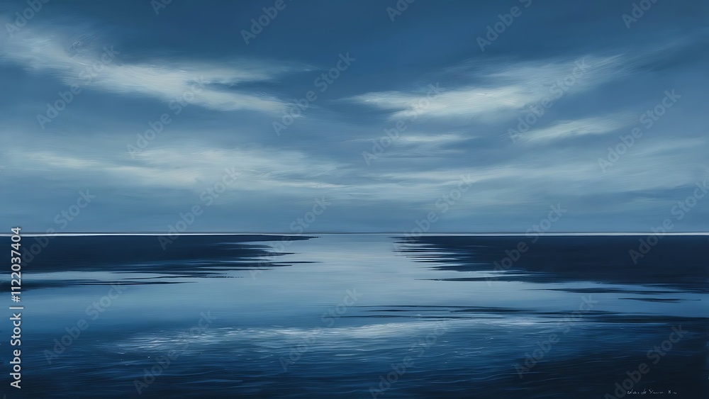 Obraz premium Cloudy blue minimalist seascape. Deserted space. Horizon line. Background.
