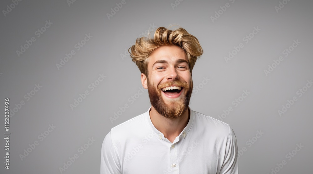 Fototapeta premium Positive and joyful Man laughing. Happy smiling young beauty man laughing. Portrait Of Young Handsome Man Smiling. Closeup face of smiling casual man. Happy male model.