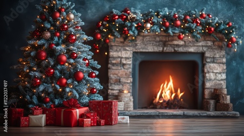 Christmas tree and holidays present on fireplace background