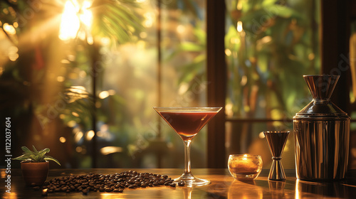 Espresso Martini Cocktail Glass with Coffee Beans Against a Warm Sunset Glow
