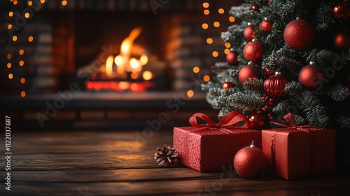 Christmas tree and holidays present on fireplace background
