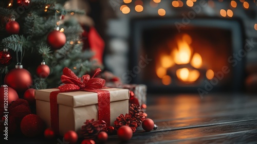 Christmas tree and holidays present on fireplace background