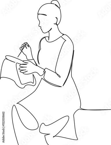 One continuous single drawing line art flat doodle woman embroidering pictures on a hoop with a needle, creativity, art. Isolated image hand draw contour on a white background, hand drawn, not AI