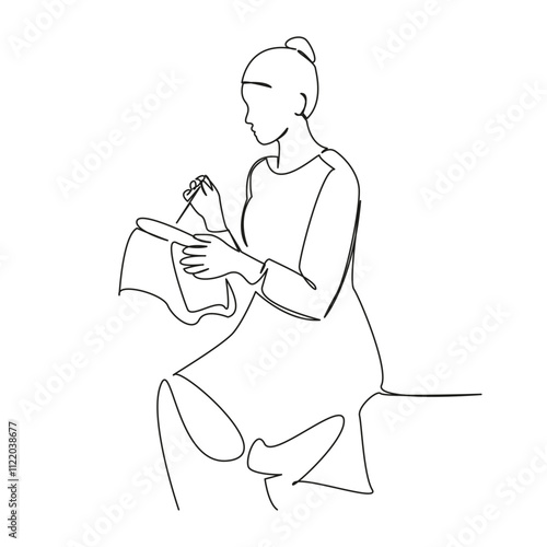 One continuous single drawing line art flat doodle woman embroidering pictures on a hoop with a needle, creativity, art. Isolated image hand draw contour on a white background, hand drawn, not AI