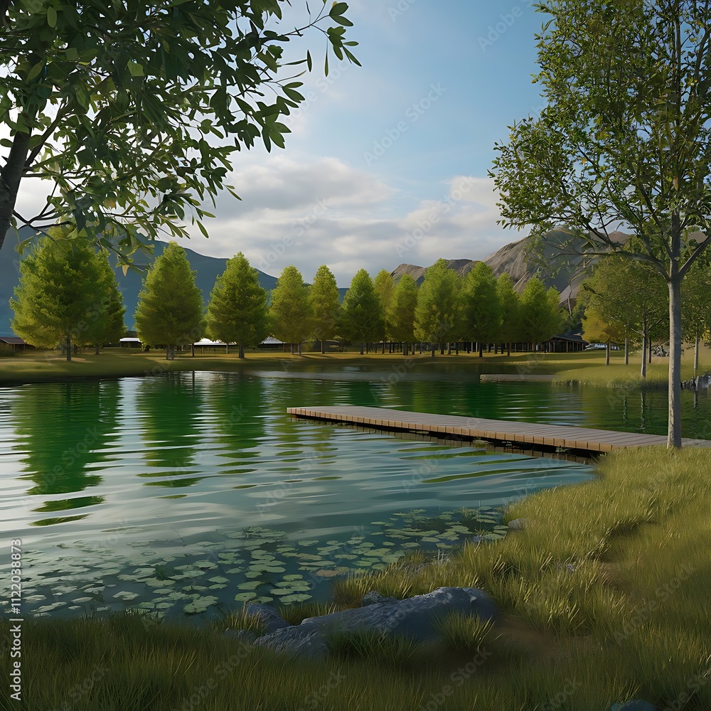 Fototapeta premium A serene autumn lakeside scene with vibrant red, orange, and yellow foliage, a wooden pier extending into the calm water, and rolling hills in the background.