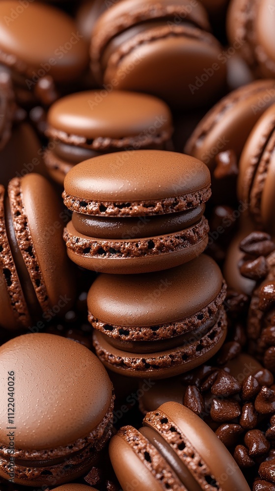 Fototapeta premium A delightful assortment of glossy mocha macarons nestled among aromatic coffee beans, inviting indulgence and creativity