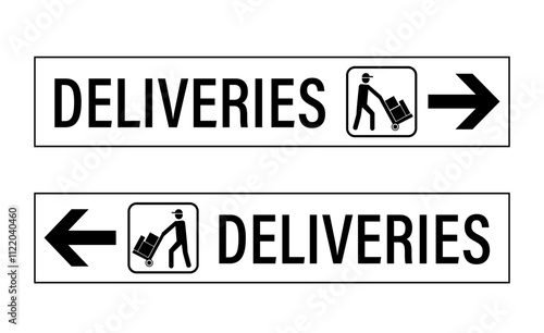 Two delivery entrance sign, one with arrow pointing left, the other ponting right, with silhouette of deliveryman and text. Horizontal shape.