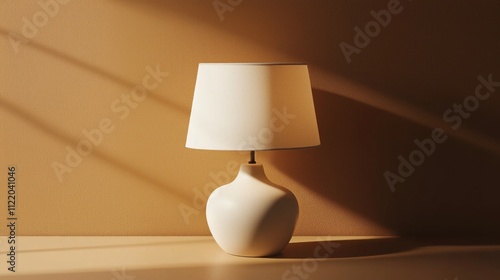 A stylish lamp in a trendy mocha color stands gracefully against a textured wall, creating captivating shadows in a cozy setting