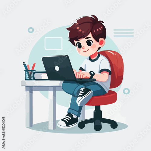 a boy is using his laptop vector