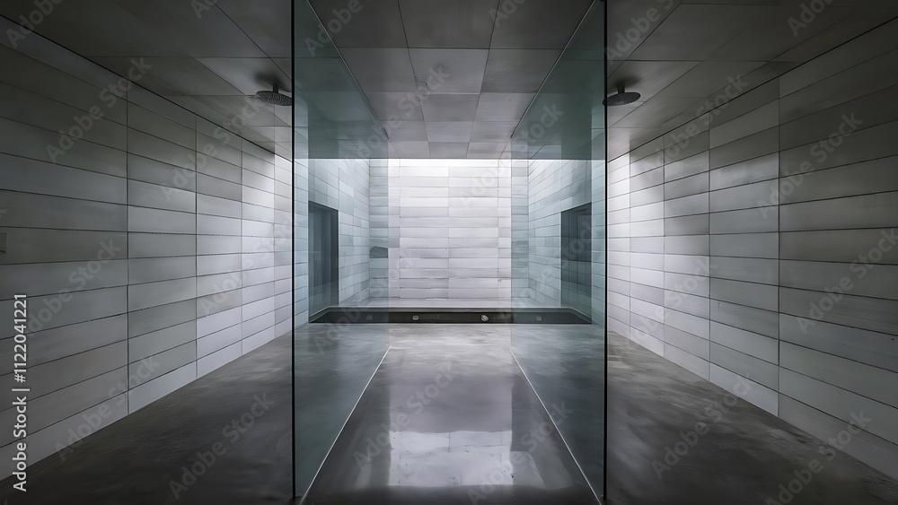 Fototapeta premium Spacious, modern, minimalist bathroom with concrete tiles and glass shower cabin