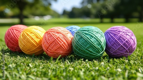 Colorful yarn balls on green grass. photo