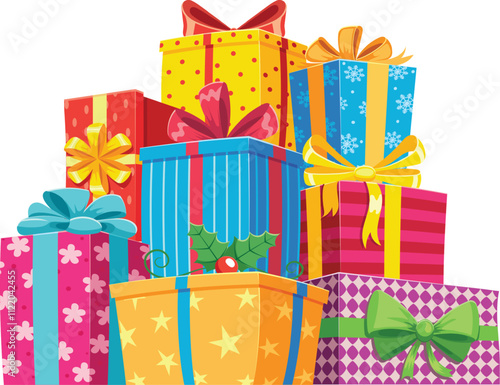 Vibrant pile of colorful christmas gifts adorned with ribbons and bows, creating a cheerful and festive holiday background perfect for celebrating the season of joy and generosity