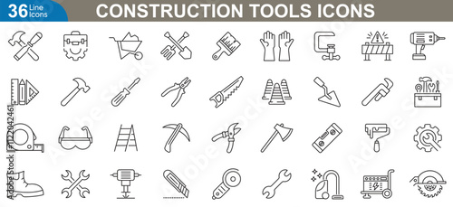 Construction tools icons set. DIY equipment, building, engineering, industrial, power, worksite, modern tool and more. simple line icons vector illustration.