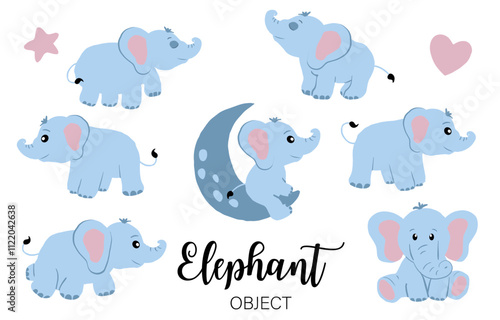 Baby elephant object with star,heart for birthday postcard