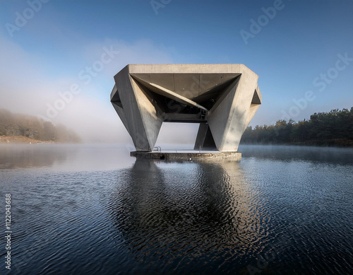 Brutalist Floating Pavilion in Peaceful Setting photo