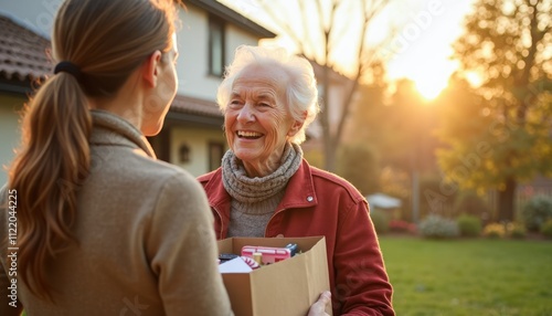 Elderly woman smiling while receiving a delivery from a young woman at sunset