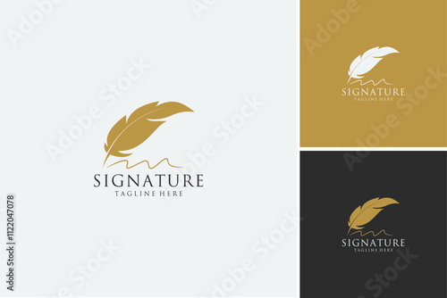 Set of golden quill signature logo design. Minimalist feather ink logo template.