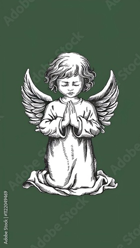 Drawing sketch of a Monochrome angel praying. Merry Christmas from a little Angel vector illustration.