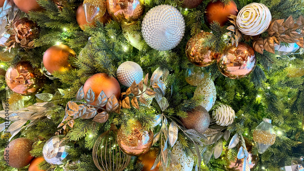 Obraz premium Indoor Christmas tree closeup with decoration bronze and golden balls
