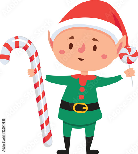 Festive christmas elf joyfully holding a giant candy cane and a colorful lollipop, embodying the cheerful spirit of the holiday season with sweetness and delight