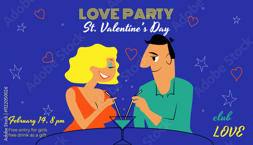 Valentines Day Party Poster Design, retro poster, Template of invitation, flyer, poster or greeting card. Vector illustration, ove Typography for Advertising, Social Media,  couple in love, man and wo