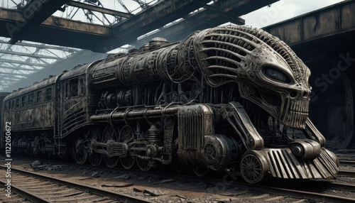 Futuristic Steampunk Train With Intricate Alien Design in Abandoned Station