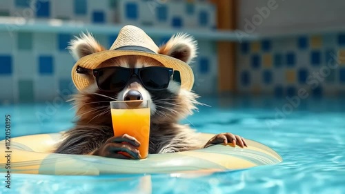 A raccoon wearing a hat and sunglasses floats relaxedly in the pool on a swim life preserver. Relaxing in the hotel pool. Video 4K. photo