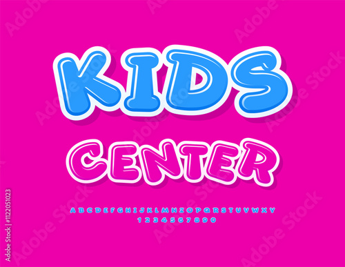 Vector playful sign Kids Center. Glossy Children Font. Cartoon style Alphabet Letters and Numbers.
