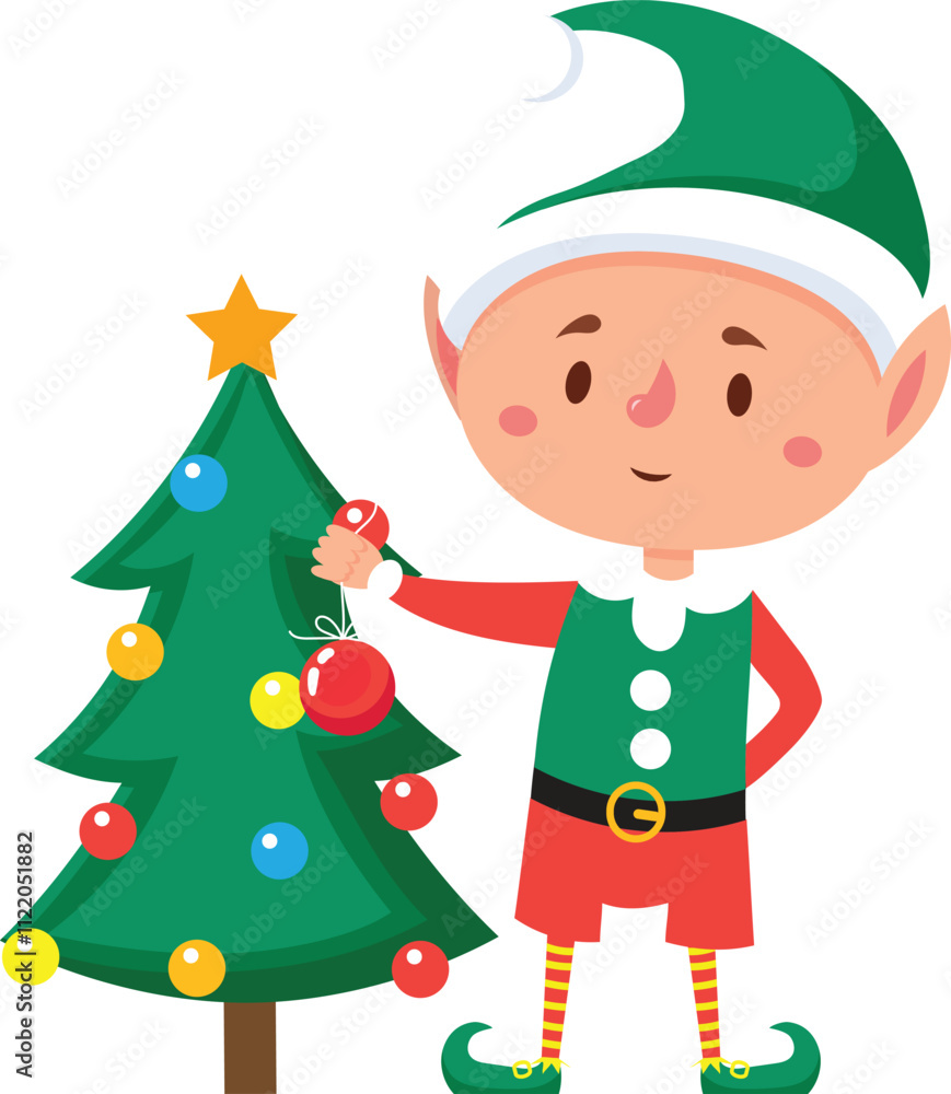 Obraz premium Cute cartoon christmas elf joyfully decorating a christmas tree with colorful baubles, wearing a traditional green and red costume, capturing the magic of the festive season